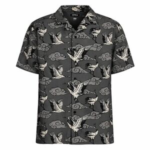 Express Shirt Mens XL Gray Black Camp Collar Crane Cloud Asian Print Button Up